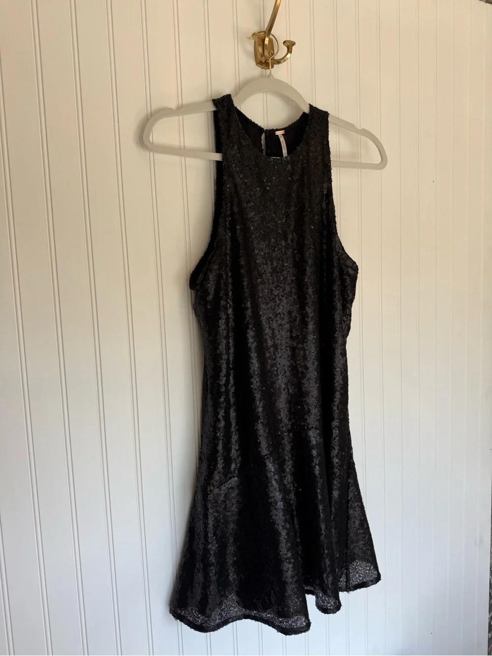 Free People Black Sequin Fit & Flare Mini Dress Open Back Party Cocktail Small